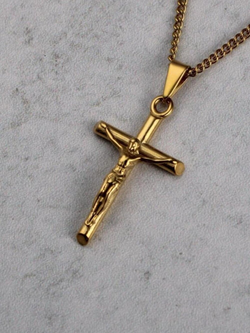 Gold Crucifix Cross Pendant Cuban Link Chain Necklace